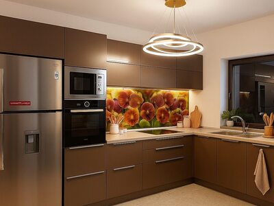 Bucătărie la comandă modernă cu finisaj lucios și blat închis