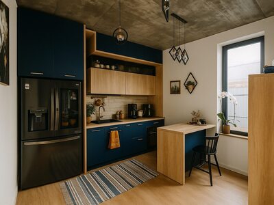 Bucătărie la comandă modernă în două tonuri cu accente din lemn